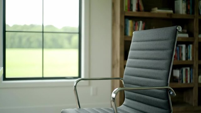 Office chair with modern design near window and bookcase in bright room.