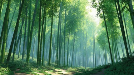 Fototapeta premium Serene Bamboo Forest Landscape with Lush Greenery and Soft Natural Light Filtering Through the Tall Stalks