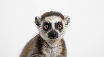 Fototapeta premium Charming lemur pup intensely gazes ahead softly illuminated by studio light on a bright white background. AI Generated