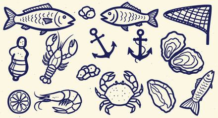 Obraz premium Seafood Collection Hand Drawn Illustration Nautical Theme Anchors Net Fish Shrimp Crab Oysters Lemon