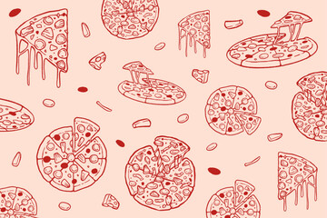 Hand drawn pattern of hawaiian pizza doodles. Vector illustration of fast food icons in naive art style. Line drawing pizza, sausage, pineapple for logo fastfood, branding, menu shop.