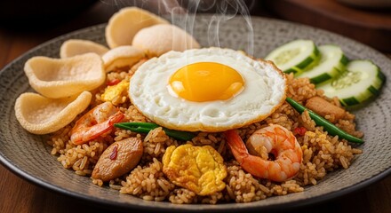 Fototapeta premium Steaming plate of Indonesian Nasi Goreng fried rice with a sunny-side-up egg, prawns, crackers, and fresh cucumber slices.
