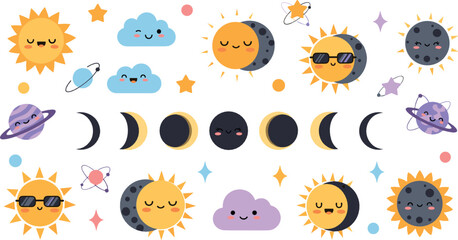 Cute sun moon and space elements collection with planets clouds stars and lunar phases cartoon vector illustration set © MdNazmul