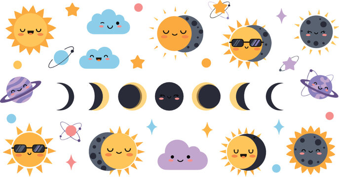 Cute sun moon and space elements collection with planets clouds stars and lunar phases cartoon vector illustration set