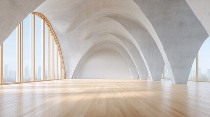 Obraz premium Modern architectural space with large arched windows and wooden floor, empty room, bright natural light streaming in