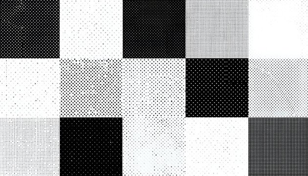 A black and white checkered pattern with various textures and halftone dots creating a visually striking design
