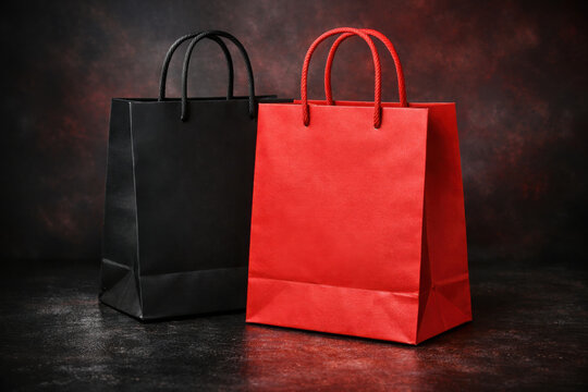 Bolsas de compra de papel, una negra y una roja, para compras minoristas y promociones de ventas. Bolsas de regalo elegantes y reutilizables para tiendas y comercio electr&oacute;nico.