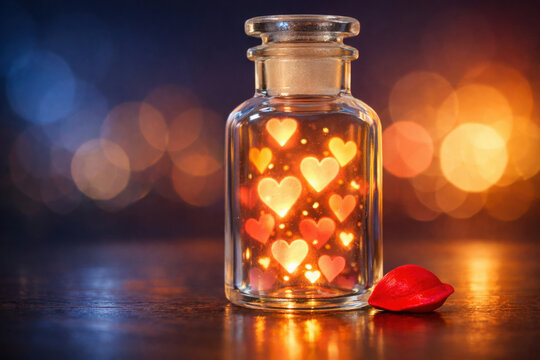 Frasco de vidrio con corazones luminosos, poci&oacute;n de amor brillante, romance m&aacute;gico, concepto de sanaci&oacute;n emocional y afecto