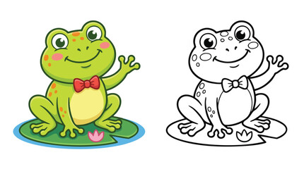 Fototapeta premium Coloring Book Page Cute Frog Waving on Lily Pad