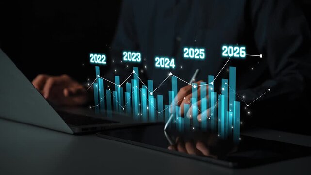 Business bar chart and line graph showing yearly business growth from 2022 to new year 2026, represent data analytics, future 2026 planning, business 2026 trend, and performance analysis 2026 Marrow