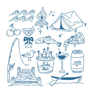 Lake bachelorette party hand drawn doodle set with camping, drinks, and fishing elements in blue outline.