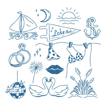 Love on the lake bachelorette doodle set with sailboat, wedding ring, swans, and bikini in blue line art.