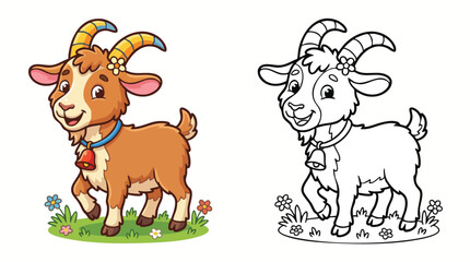 Fototapeta premium Little Goat Illustration with Coloring Page
