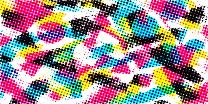 Abstract colorful mosaic background featuring a digital world map pattern with pixel art textures and global halftone dots for a modern business wallpaper design