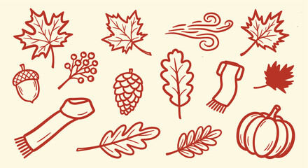 Autumn season elements collection isolated on beige background hand drawn style