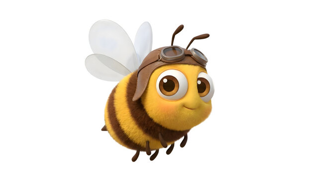 A cartoon bee with large eyes and goggles flies against a plain white background in a 3D rendered illustration.