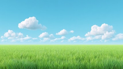 Obraz premium Lush Green Grass Field Under Bright Blue Sky with Fluffy White Clouds in a Tranquil Natural Landscape Setting