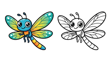 Cute Dragonfly Smiling Cartoon Isolated Coloring Page