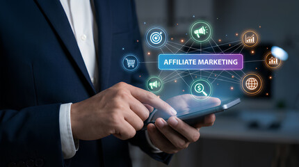 Fototapeta premium A professional businessman is using his smartphone to manage an affiliate marketing network with various digital marketing icons floating around.