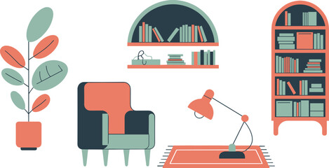 Flat Vector Illustration Set of Cozy Living Room Furniture Elements Including Armchair Bookshelf Desk Lamp Houseplant and Rug Isolated on White Background for Interior Design © Mstmaymunakhatun
