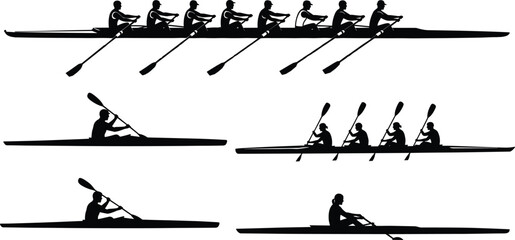 Black silhouette of rowing team in boat, athletes kayaking, concept of teamwork, competition, water sports, coordination, fitness, training, and collective success. © Shahanaj