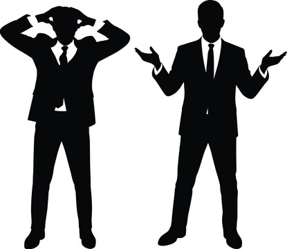Black silhouette of stressed businessman holding head and confused executive shrugging shoulders, representing business failure, financial crisis, stress, and professional frustration.