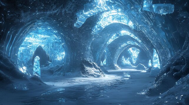 Enchanted Ice Caves with Crystal Blue Light and Stunning Ice Formations
