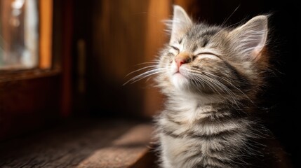 Adorable tabby kitten enjoying warm sunlight by the window with eyes closed and blissful expression in a cozy setting