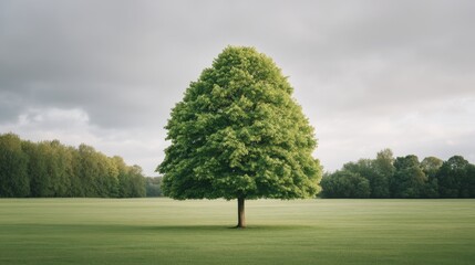 Fototapeta premium Beautiful solitary green tree on a vast meadow under a cloudy sky symbolizing nature's tranquility and calmness in summer