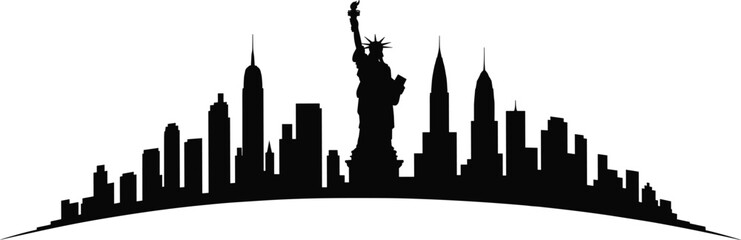 New York City skyline silhouette with Statue of Liberty and Manhattan skyscrapers panorama, black vector illustration isolated for travel design, tourism concept and urban landmark themes © Gita