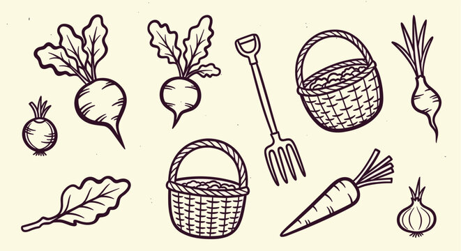 Hand Drawn Garden Vegetables and Tools Collection Isolated on Beige Background