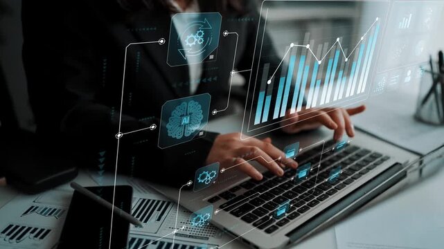 Data flow from database and cloud to processing and analytics dashboards, representing data analysis, automation, insight generation, and digital intelligence Marrow