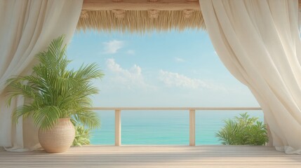 Fototapeta premium Serene Coastal View from a Tropical Balcony with Lush Greenery and Soft Drapes Against a Calm Ocean Background
