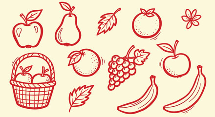 Hand Drawn Fruit Collection Basket Apples Pears Oranges Grapes Bananas Leaves Simple Sketch Style