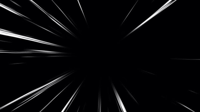 Bright anime speed lines animation on black background. Manga style speed velocity line- Flash action overlay motion scenes. Moving zoom comic speed line. Radial burst lines seamless looping footage.