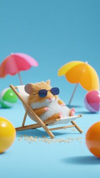 Relaxed hamster lounging on beach chair with sunglasses on sunny beach