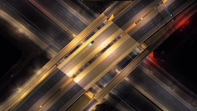 Aerial top down view of a large stack interchange on Florida's Turnpike at night. The camera tilted down, boom up slowly, to reveal the highway and a few vehicles passing by on the illuminated road.