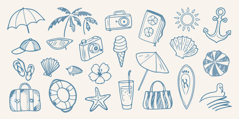 A collection of hand drawn summer vacation and beach themed doodles © Dipa