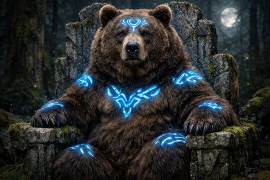 Oso pardo majestuoso sentado en trono de piedra, oso m&iacute;stico con runas azules brillantes, guardi&aacute;n del bosque nocturno con s&iacute;mbolos m&aacute;gicos