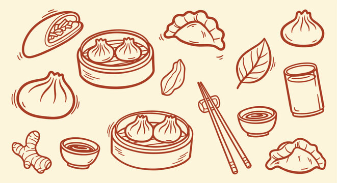 Hand drawn illustration of asian dumplings and dim sum with chopsticks and dipping sauce