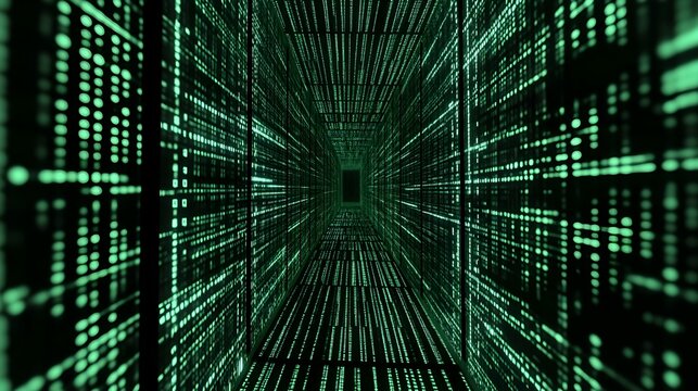 Green digital matrix code tunnel perspective image