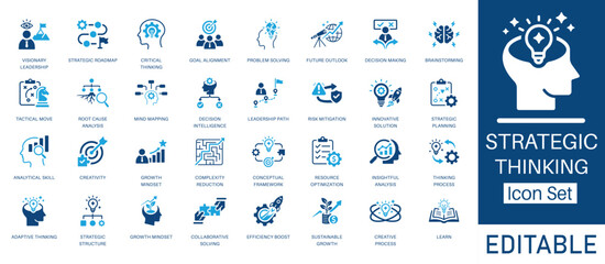 Strategic Thinking and Problem Solving solid icon set. Featuring Growth Mindset, Critical thinking, Decision Intelligence,and Brainstorming. Vector icons for strategy consulting and executive coaching
