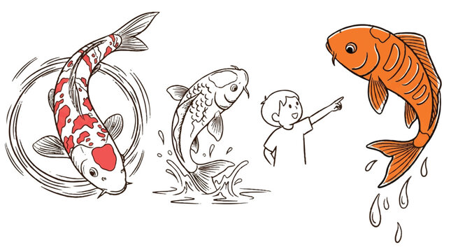 cartoon illustration of a boy pointing at big fish