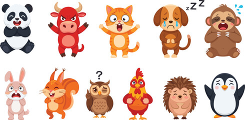 Animal Emotions Icon Set with Cute Characters Displaying Happiness, Sadness, Anger, Surprise, Sleepiness, and More