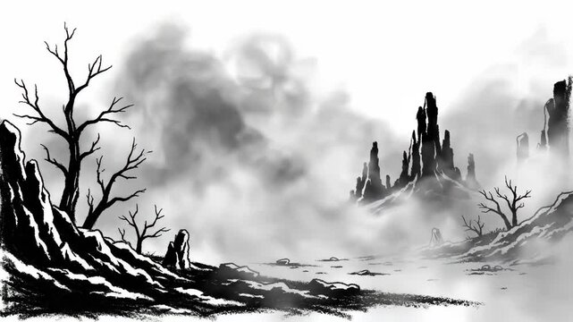 Mysterious Misty Mountain Landscape in Traditional Ink Wash Style.