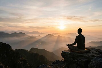 Silhouette of a person meditating on a mountain cliff at sunrise with dramatic light rays over misty peaks, mindfulness, spiritual awakening and peaceful meditation concept in nature.