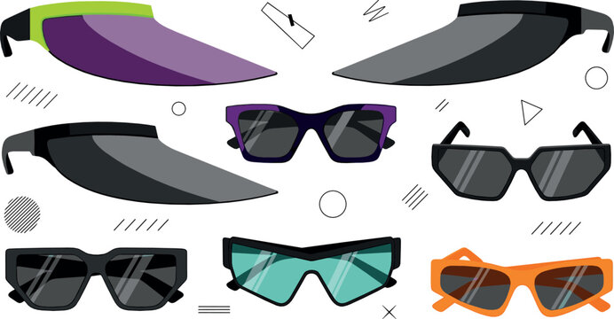 Modern sport sunglasses collection with futuristic visor and stylish eyewear frames trendy fashion accessory vector illustration set