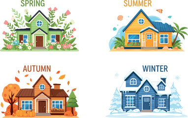 Fototapeta premium Seasonal houses collection showing spring, summer, autumn and winter homes with nature elements, colorful weather themed illustration set