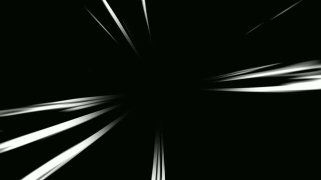 Bright anime speed lines animation on black background. Manga style speed velocity line- Flash action overlay motion scenes. Moving zoom comic speed line. Radial burst lines seamless looping footage.