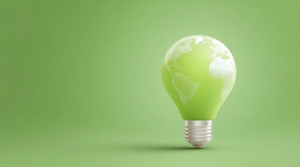 Green Light Bulb Representing Eco-Friendly Energy with World Map on a Soft Green Background